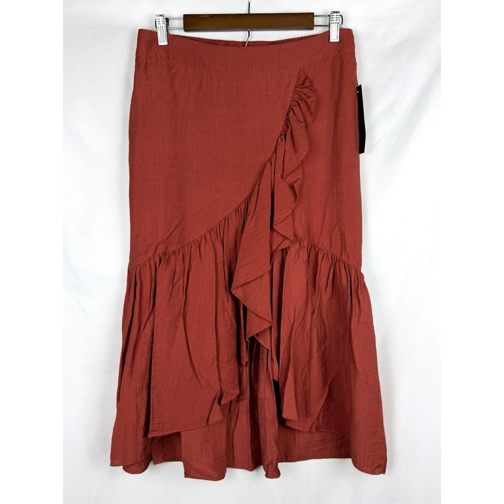 NWT Emerson Lang Ruffle Wrap Midi Skirt Rust Terracotta High Low Tiered Boho Lg